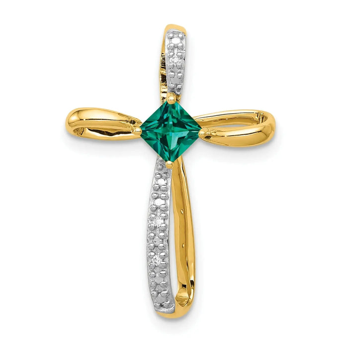 Lab Created Emerald and Diamond Cross Pendant Gold by Fine Color Jewels