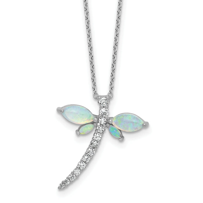 Lab Created Opal and CZ Dragonfly Necklace Sterling Silver by Fine Color Jewels