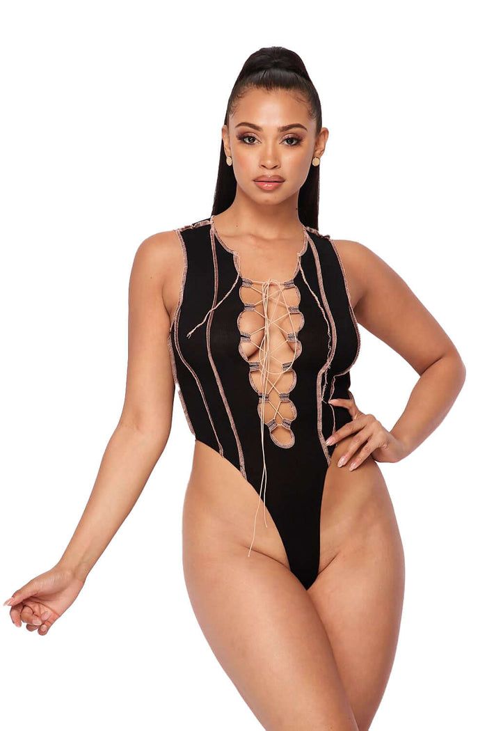 Laced Up Tank Bodysuit - {Black/Tan} by The House of Stylez