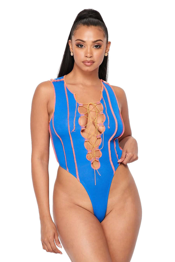Laced Up Tank Bodysuit- {Royal Blue/Orange} by The House of Stylez