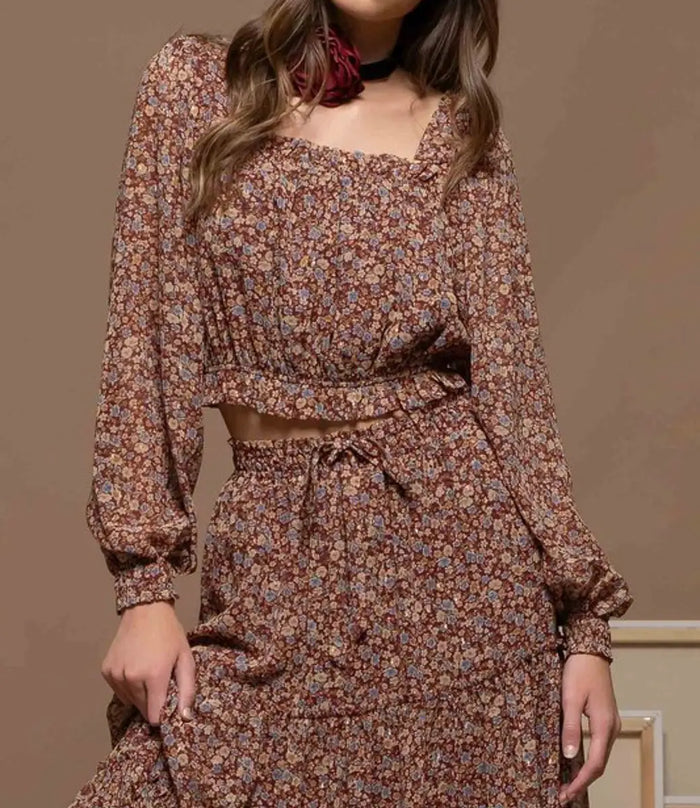 Lennox Floral Square Neck Crop Top - Burgundy by Boutique 23