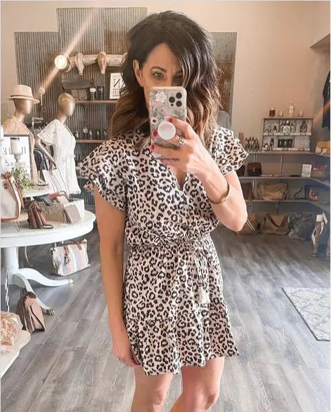 Leopard Casual Button Ruffle Romper by Boutique 23