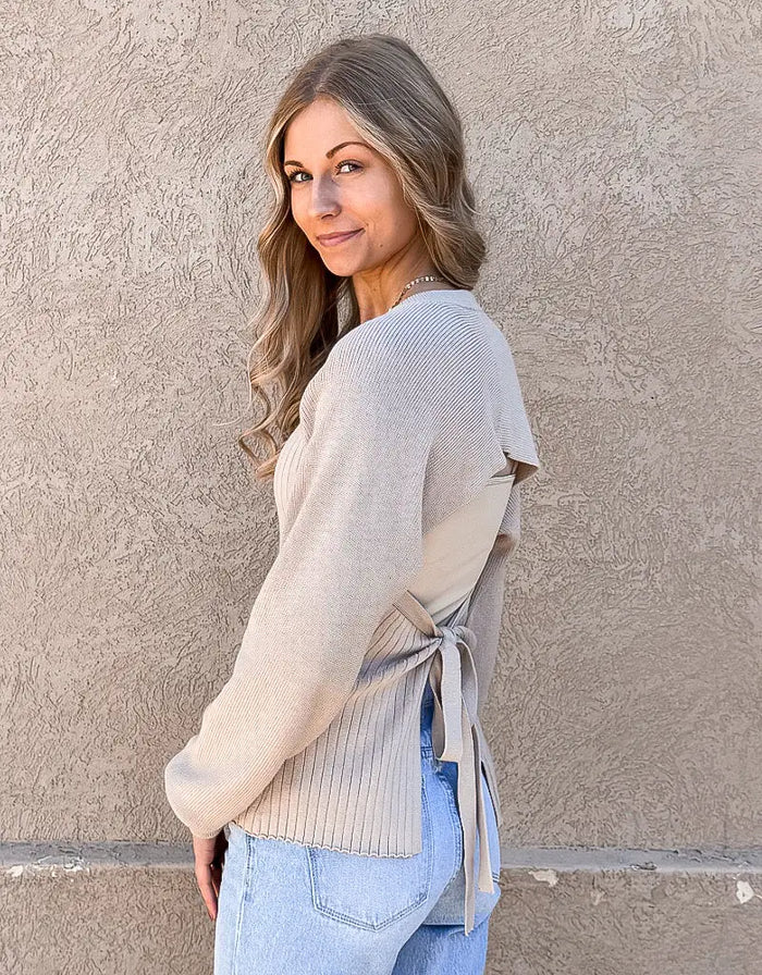 Long Sleeve Ribbed Open Back Sweater - Beige by Boutique 23