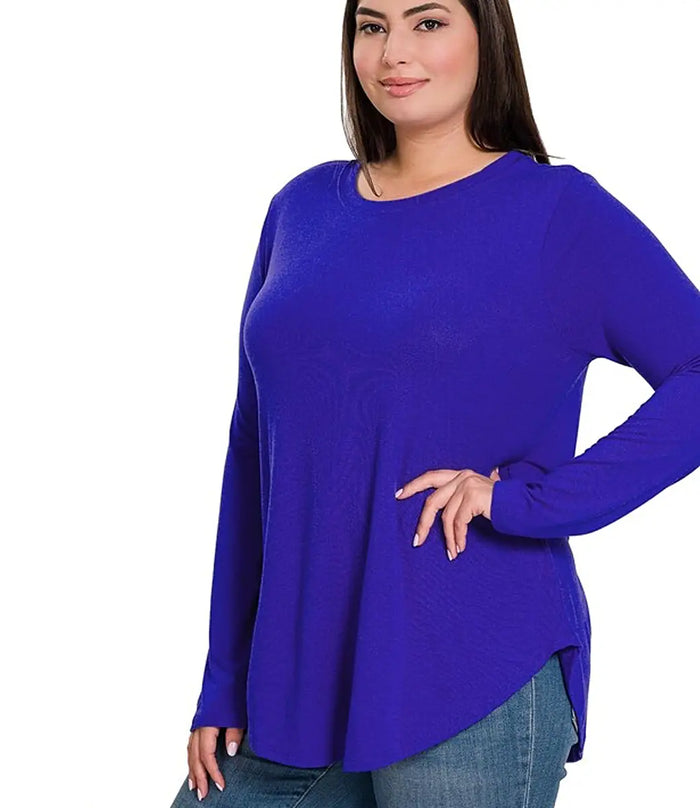 Long Sleeve Round Neck & Hem Top - Bright Blue by Boutique 23