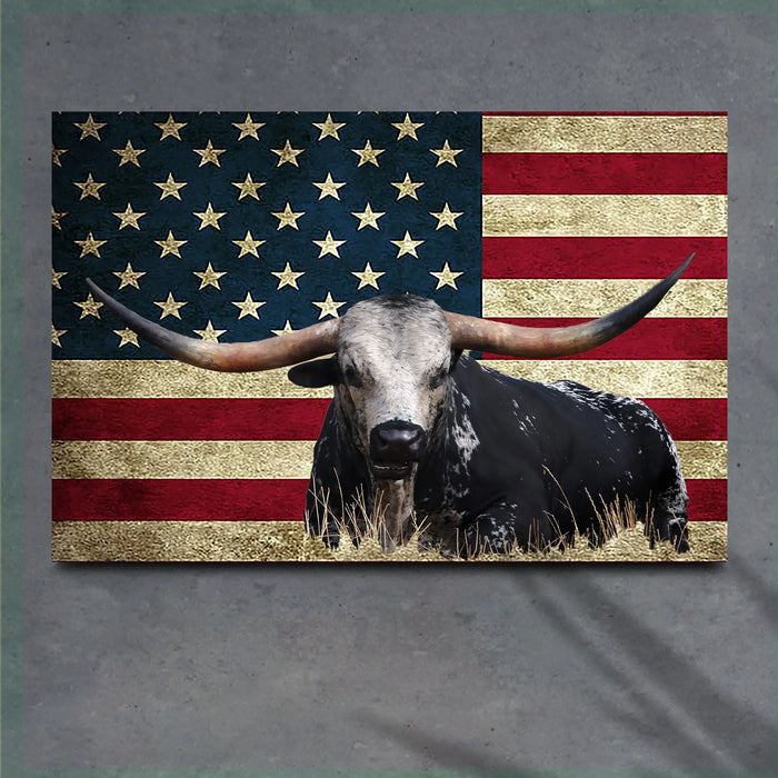 Longhorn Cattle American Flag Canvas Wall Art by Tailored Canvases