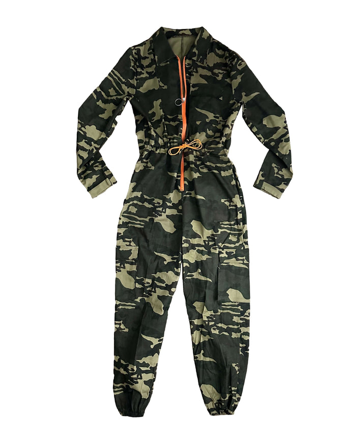 Long Sleeve Camo Cargo Jumpsuit with Orange Zipper by The House of Stylez
