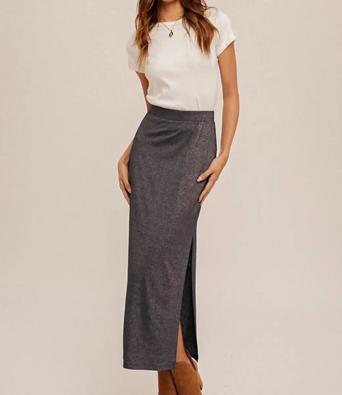 Lurex Jersey Slit Hem Maxi Skirt - Navy by Boutique 23