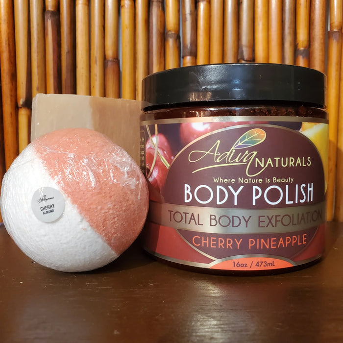 Luxurious Bath Set: Body Polish, Bath Bomb & Soap - Cherry Pineapple (Seasonal) by Adiva Naturals