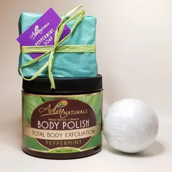 Luxurious Bath Set: Body Polish, Bath Bomb & Soap - Peppermint by Adiva Naturals