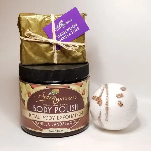 Luxurious Bath Set: Body Polish, Bath Bomb & Soap - Vanilla Sandalwood 💎Luxe by Adiva Naturals