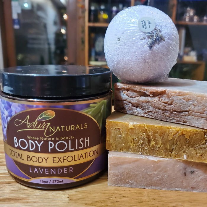 Luxurious Body Polish + Bath Bomb & 3 Soaps (Any Flavor) by Adiva Naturals