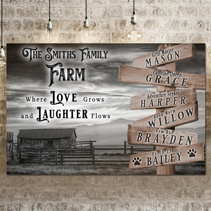 Where Love Grows And Laughter Flows Family Farm Names Sign by Tailored Canvases
