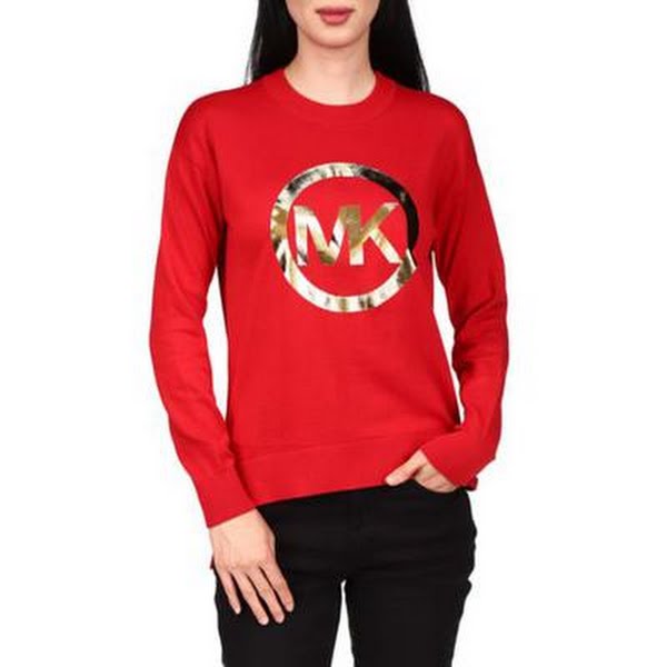 Michael Michael Kors Oversized Cotton Metallic-Logo Top - Dark Red, Size Medium by Vanessa Jane