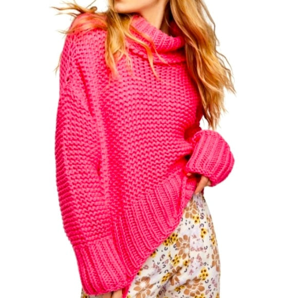 Free People Chunky Knitted Slouchy Pink Fireworks Sweater, Size Small by Vanessa Jane