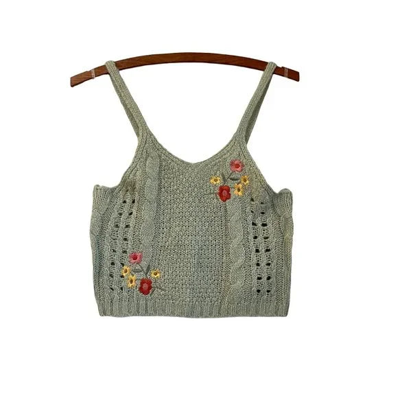 Crave Fame Womens Sage Green Open Knit Soft Embroidered Floral Crop Tank Top XL by Vanessa Jane
