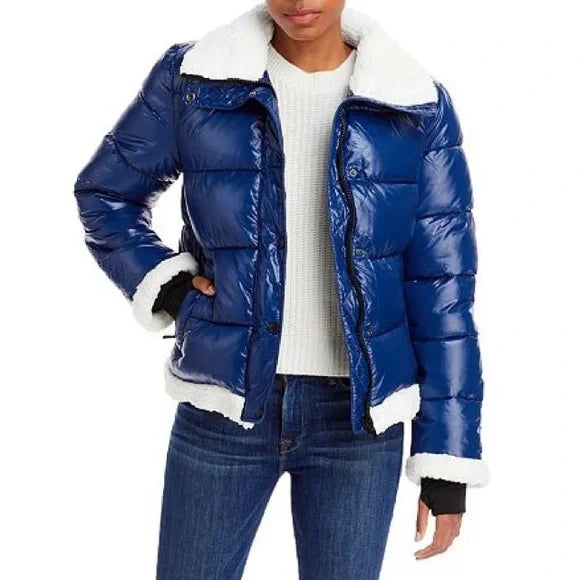 Avec Les Filles Shiny Cropped Sherpa Lined Puffer Coat Jacket in Blue, Size M by Vanessa Jane