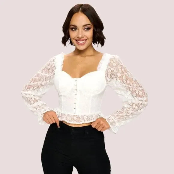 Chocolate USA Lace Corset Flounce Sleeve Cropped Top, Size Large by Vanessa Jane