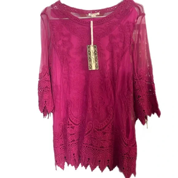 Ultra Pink Embroidered Tunic Top, Size Medium by Vanessa Jane