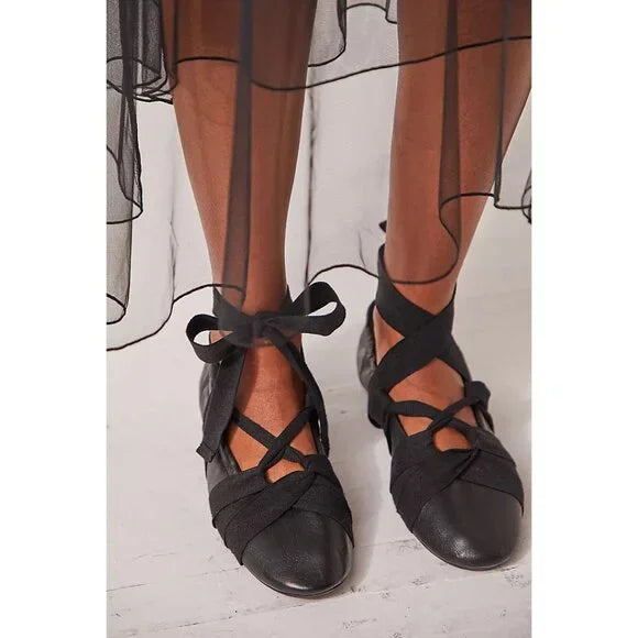 Free People Womens Cece Wrap Ballet Flat, Black, 8.5M by Vanessa Jane