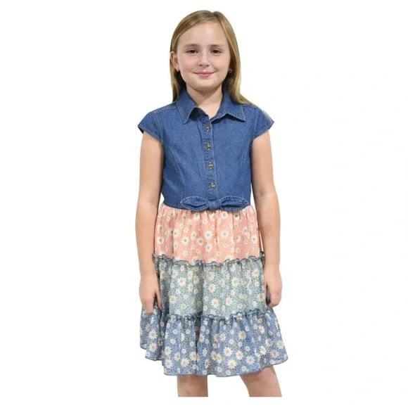 Zunie Denim and Floral Tiered Dress Youth Denim f Size Medium 10/12 by Vanessa Jane