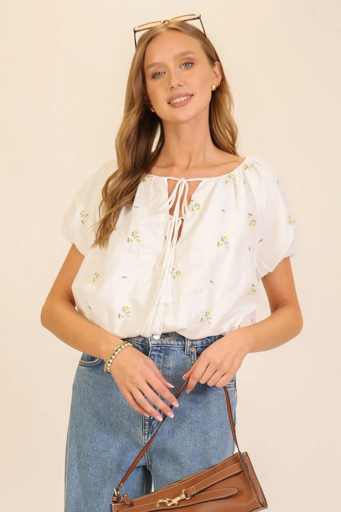 Meadow Bloom Tie-Neck Puff Sleeve Top by Boutique 23
