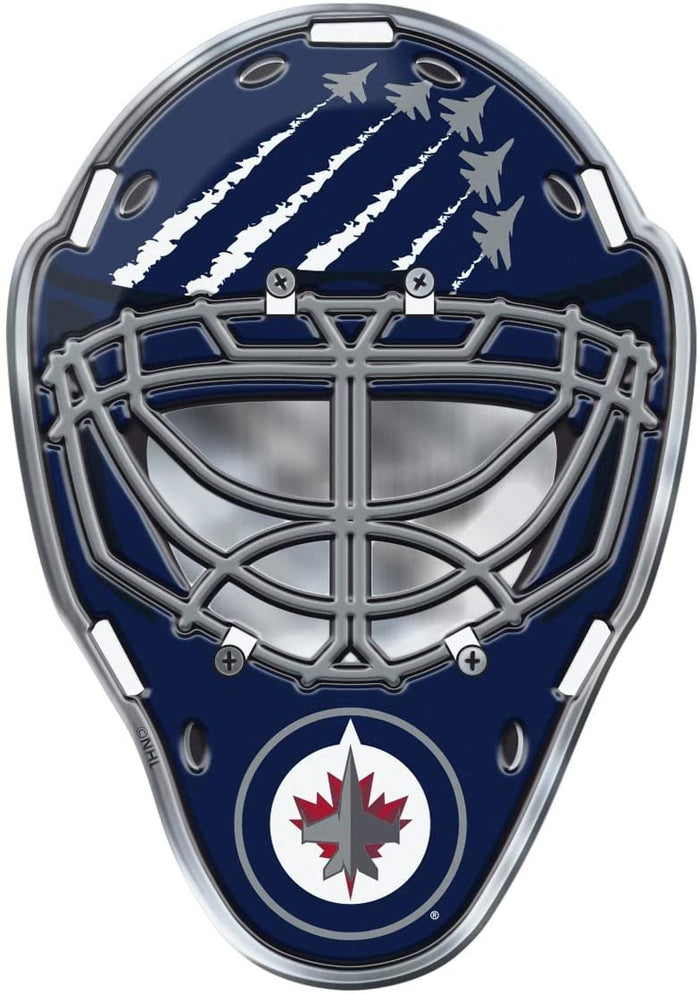 Winnipeg Jets Mask Auto Emblem, Aluminum Metal, Embossed Team Color, Raised Decal Sticker, Full Adhesive Backing
