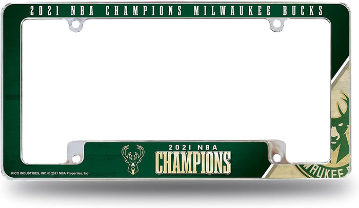 Milwaukee Bucks 2021 Champions Metal License Plate Frame Chrome Tag Cover, All Over Design, 12x6 Inch