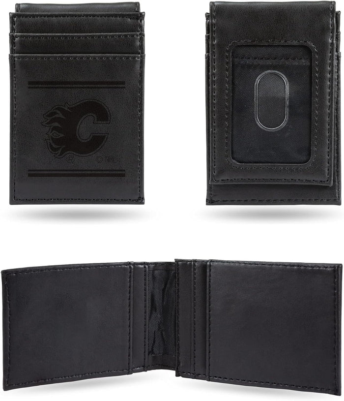 Calgary Flames Premium Black Leather Wallet, Front Pocket Magnetic Money Clip, Laser Engraved, Vegan