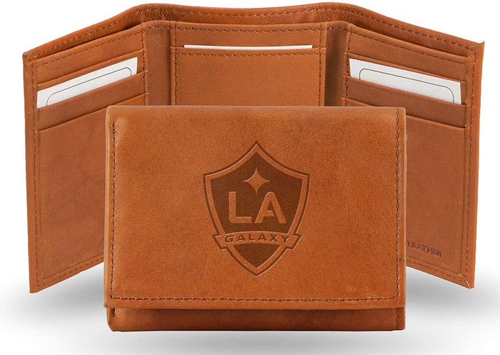 Los Angeles LA Galaxy Premium Brown Leather Wallet, Trifold, Embossed Laser Engraved