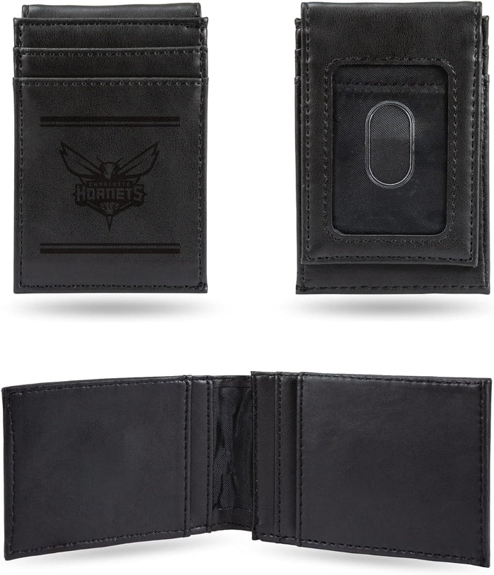 Charlotte Hornets Premium Black Leather Wallet, Front Pocket Magnetic Money Clip, Laser Engraved, Vegan