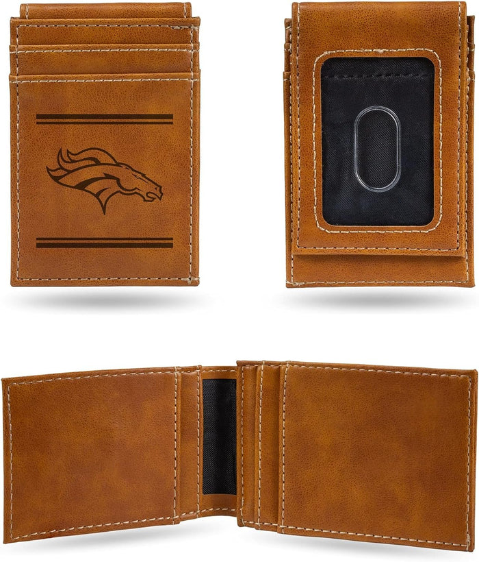 Denver Broncos Premium Brown Leather Wallet, Front Pocket Magnetic Money Clip, Laser Engraved, Vegan