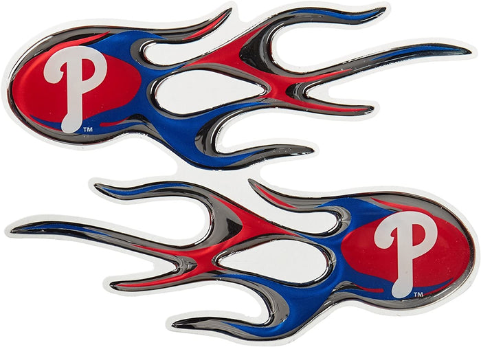 Philadelphia Phillies Pair of Decal Sticker Emblem, Air Puffed Raised, Micro Flame Design, Full Adhesive Backing, 2x5 Inch Each