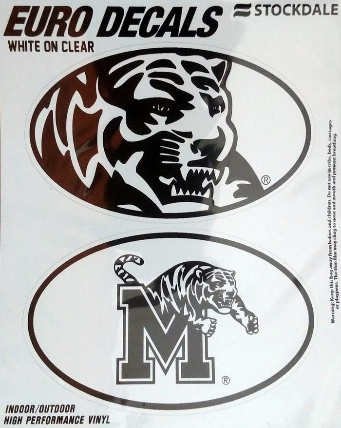 University of Memphis Tigers 2-Piece White and Clear Euro Decal Sticker Set, 4x2.5 Inch Each