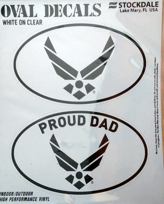 U.S. Air Force, Proud Dad, 2-Piece White and Clear Euro Decal Sticker Set, 4x2.5 Inch Each, United States Military