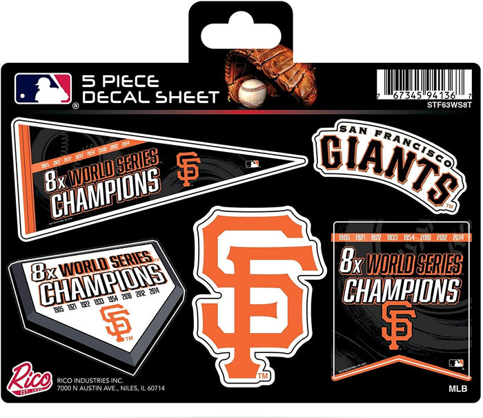San Francisco Giants Decal Sticker Sheet, 8-Time Champions, 5-Piece Multi Sheet Flat Vinyl Emblem World Series Baseball