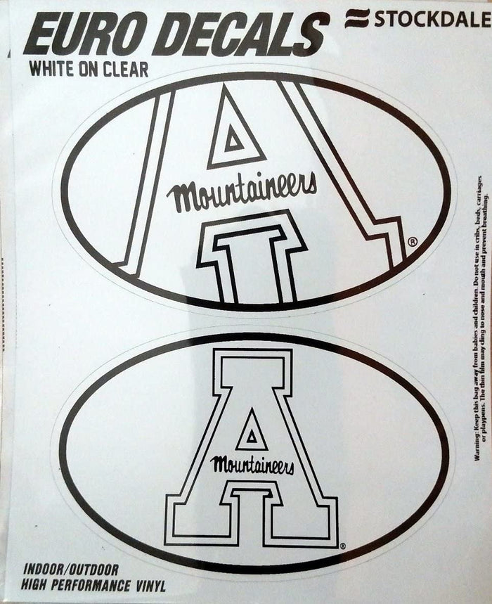 Appalachian State University Mountaineers 2-Piece White and Clear Euro Decal Sticker Set, 4x2.5 Inch Each