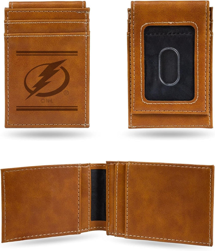 Tampa Bay Lightning Premium Brown Leather Wallet, Front Pocket Magnetic Money Clip, Laser Engraved, Vegan