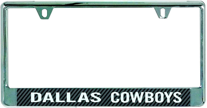 Dallas Cowboys Metal License Plate Frame Chrome Tag Cover, Laser Acrylic Mirrored Inserts, Carbon Fiber Design, 12x6 Inch