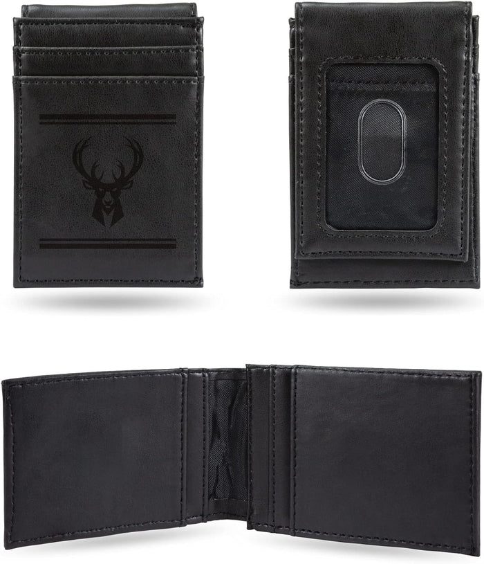 Milwaukee Bucks Premium Black Leather Wallet, Front Pocket Magnetic Money Clip, Laser Engraved, Vegan