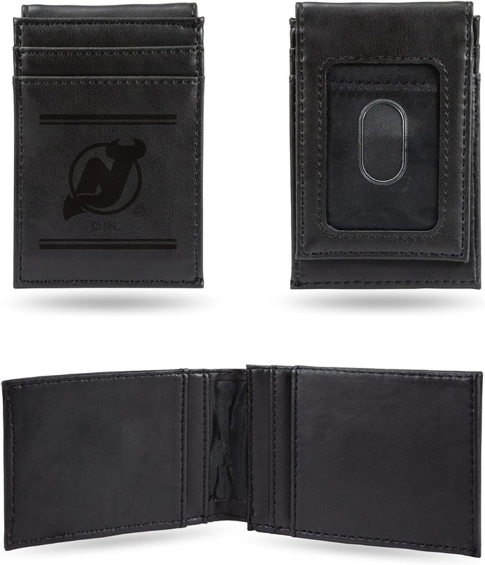 New Jersey Devils Premium Black Leather Wallet, Front Pocket Magnetic Money Clip, Laser Engraved, Vegan