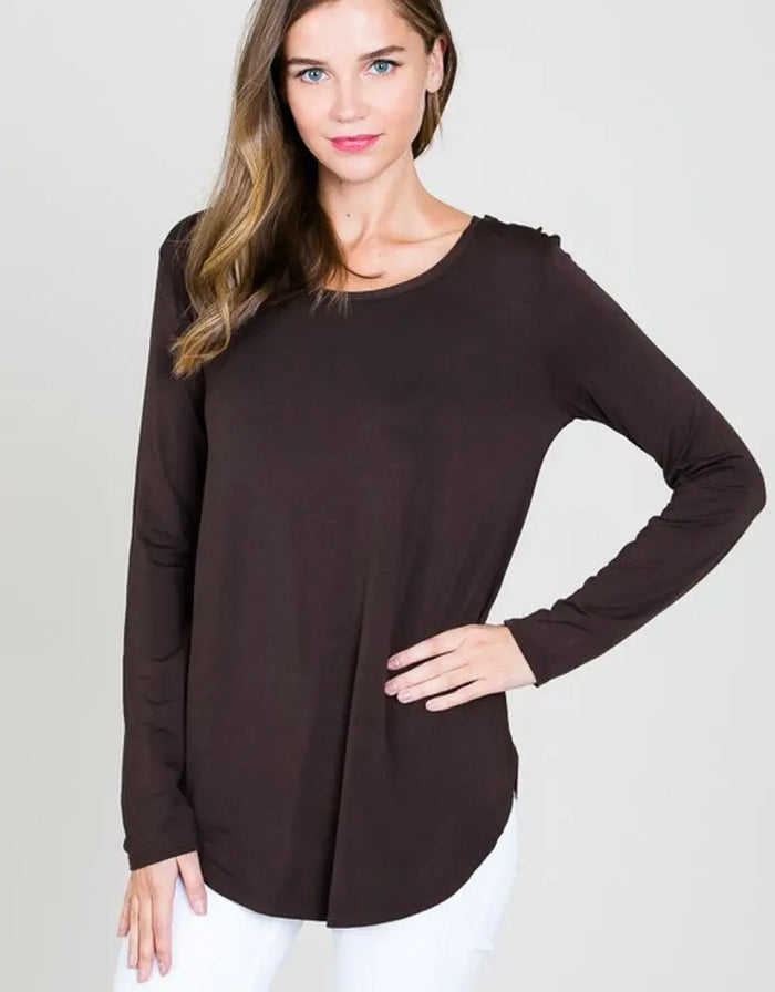 Modal Long Sleeve Round Neck Top - Brown by Boutique 23