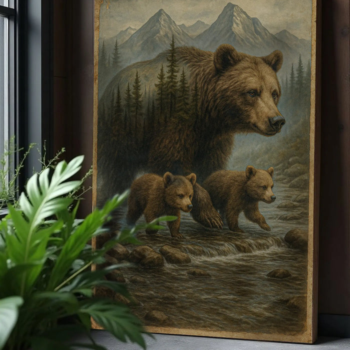Mother Bear and Cubs Crossing Double Exposure Wall Art by Tailored Canvases