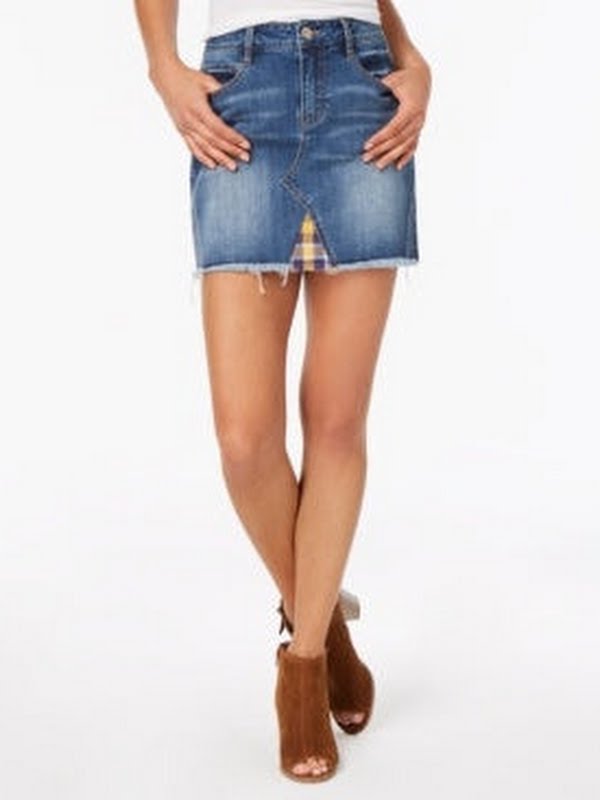 Dollhouse Juniors Plaid-Contrast Denim Mini Skirt Yellow, Size 5 by Vanessa Jane