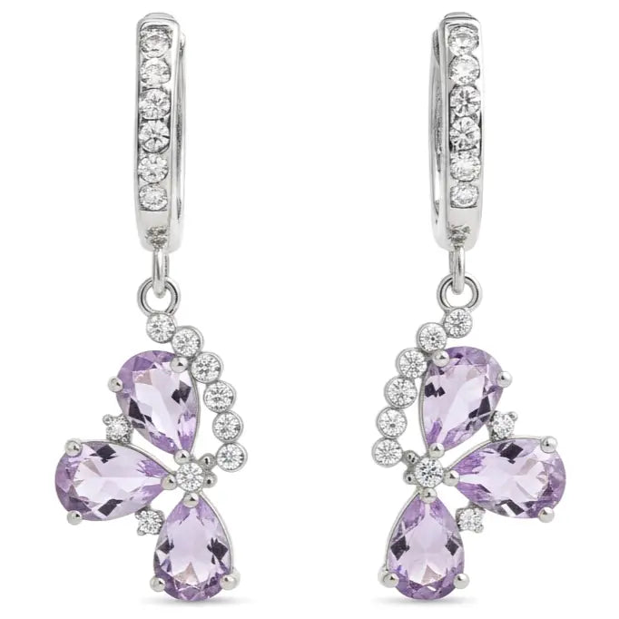 Natural Amethyst Three Stone Silver Dangle Earrings by Fine Color Jewels