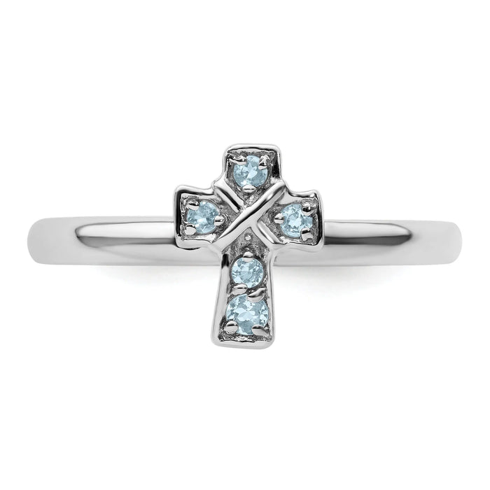 Natural Aquamarine Silver Stackable Cross Ring by Fine Color Jewels