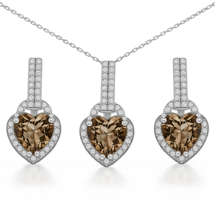 Natural Brown Quartz Heart Sterling Silver Jewelry Set by Fine Color Jewels