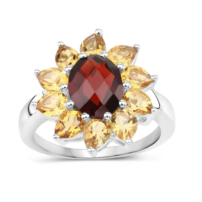 Natural Garnet and Citrine Sunflower Ring by Fine Color Jewels