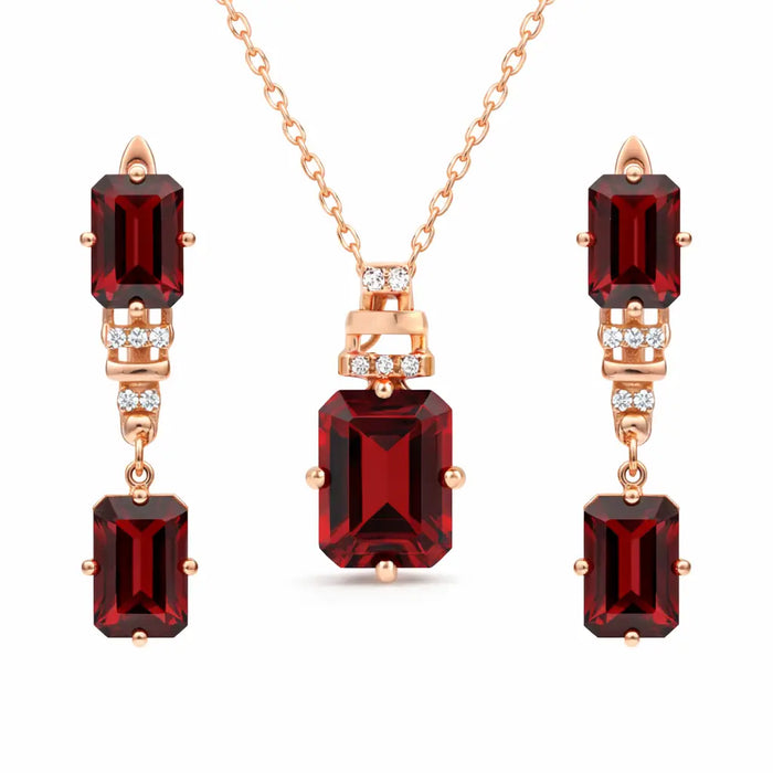 Natural Garnet & White Topaz Sterling Silver Drop Jewelry Set by Fine Color Jewels