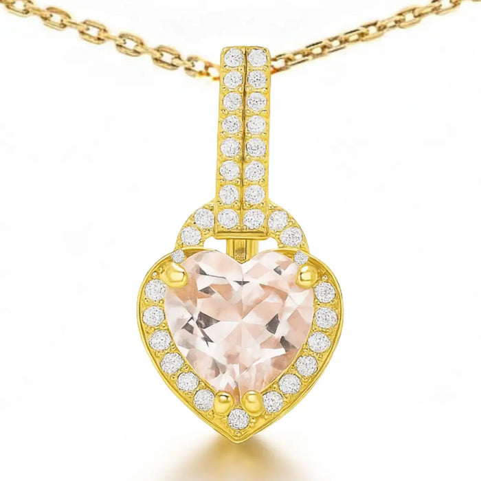 Natural Pink Rose Quartz Silver Halo Heart Necklace by Fine Color Jewels