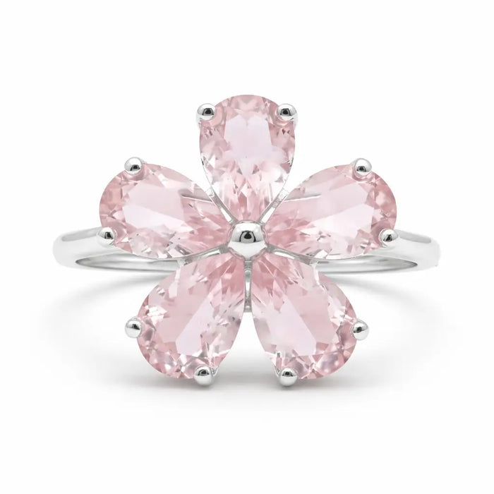 Natural Rose Quartz Sterling Silver Flower Ring by Fine Color Jewels